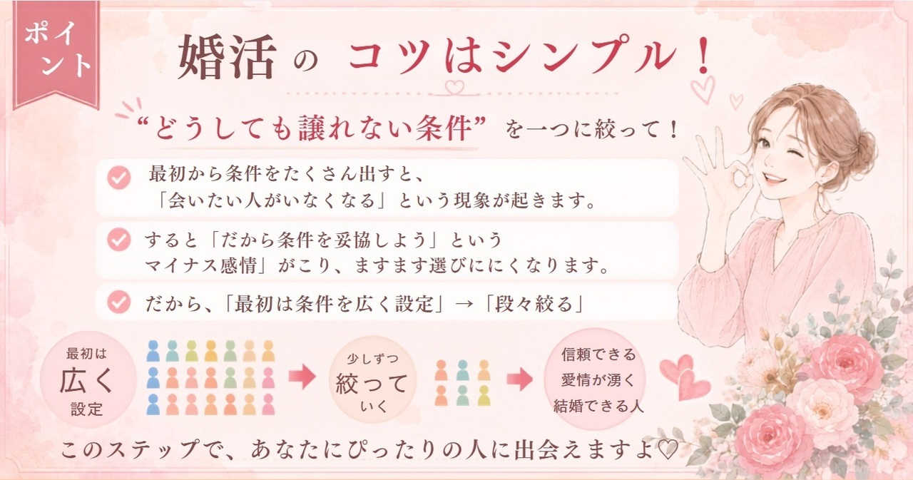 絶対譲れない条件を1つに？婚活女性の悩み｜結婚相談所ハピマリ新潟